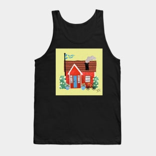 Swedish Summer Cottage with Flags - Midsommar Stuga - Yellow Background Tank Top